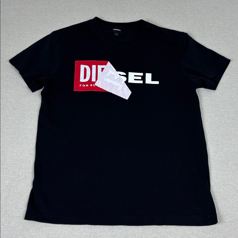 Diesel Black and Red Tape Logo Y2K T-Shirt Size L